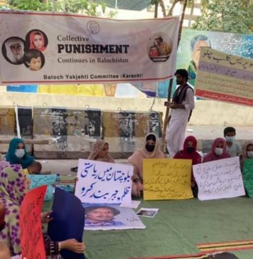 پاکستان فوج کیجانب علاقوں کو جبری خالی کرانے و جبری گمشدگیوں کیخلاف کراچی میں احتجاج